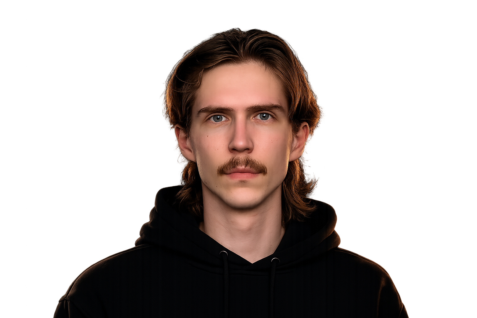 Portrait of a developer in a black hoodie